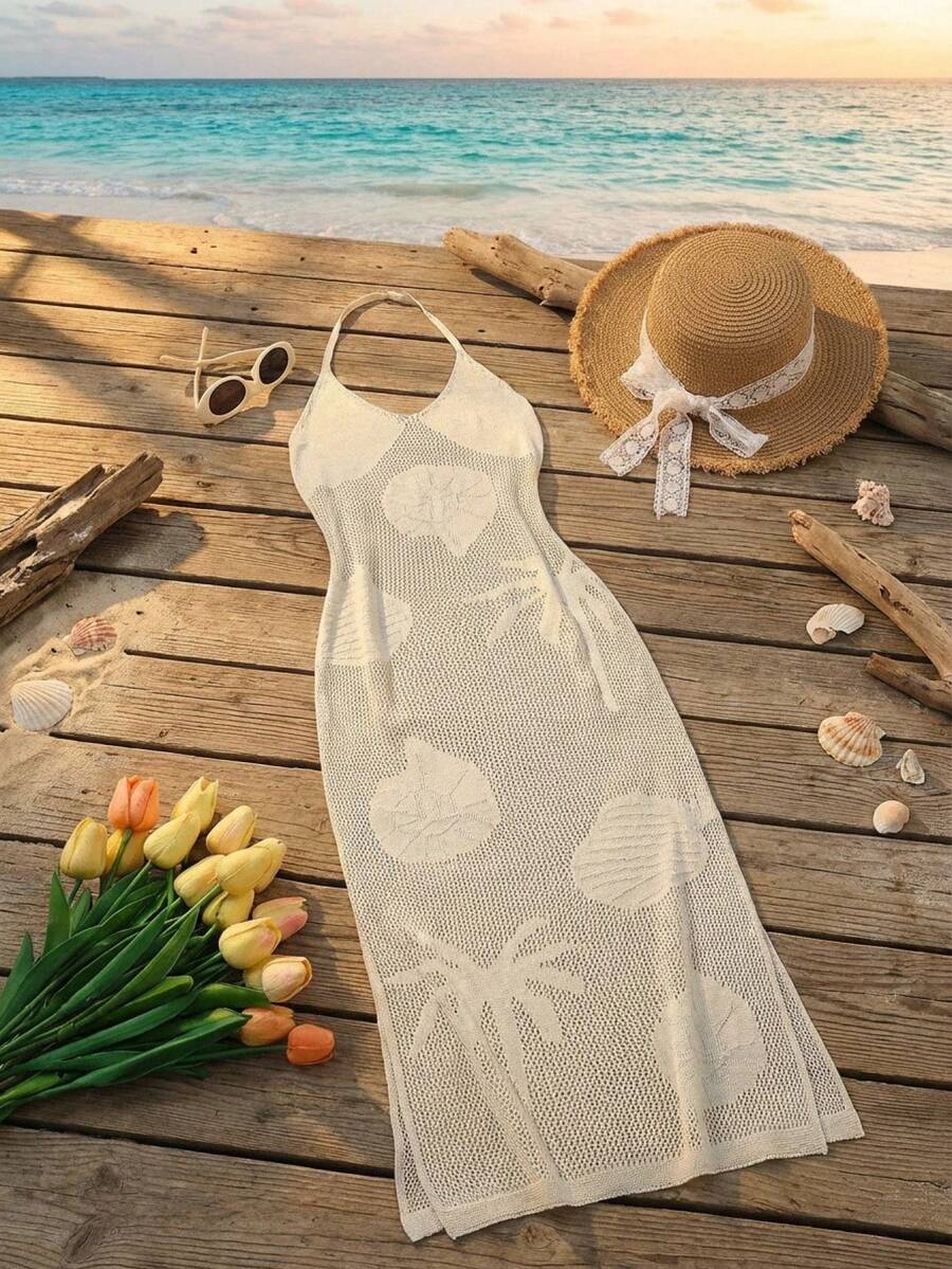 Apricot tween girls halter neck cover-up dress with sleeveless fitted design, long length, and zipper detail for vacation beachwear.