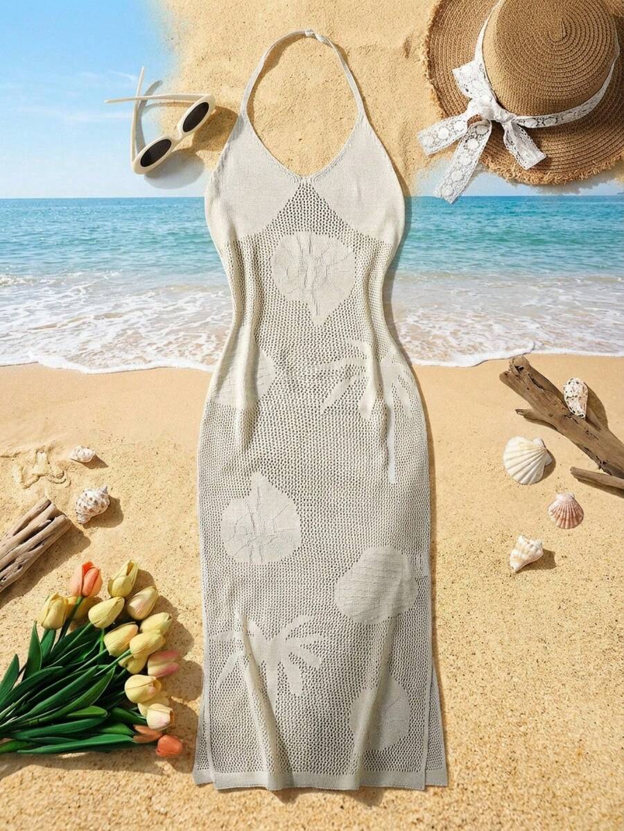 Apricot tween girls halter neck cover-up dress with sleeveless fitted design, long length, and zipper detail for vacation beachwear.