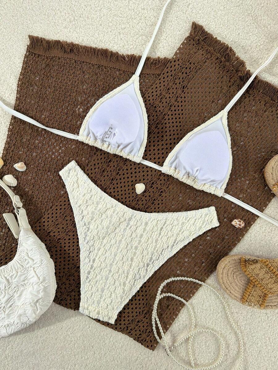Women's apricot 2-piece halter bikini set featuring a wireless triangle top with tie-back detail and high-waisted high-cut bottoms.