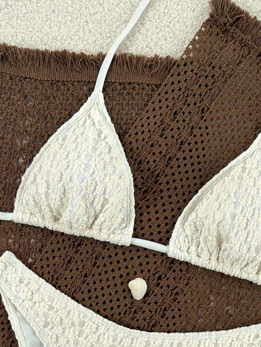 Women's apricot 2-piece halter bikini set featuring a wireless triangle top with tie-back detail and high-waisted high-cut bottoms.