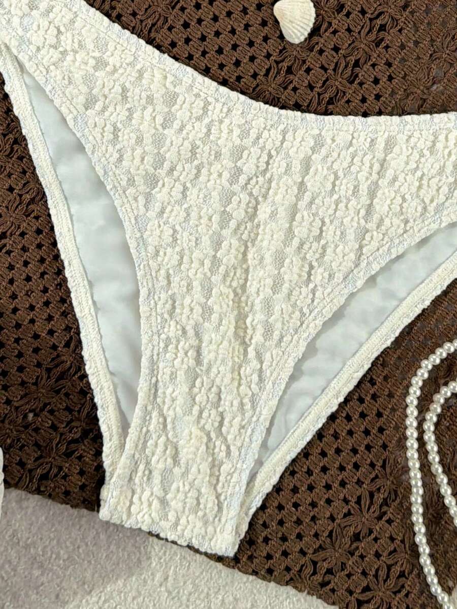 Women's apricot 2-piece halter bikini set featuring a wireless triangle top with tie-back detail and high-waisted high-cut bottoms.