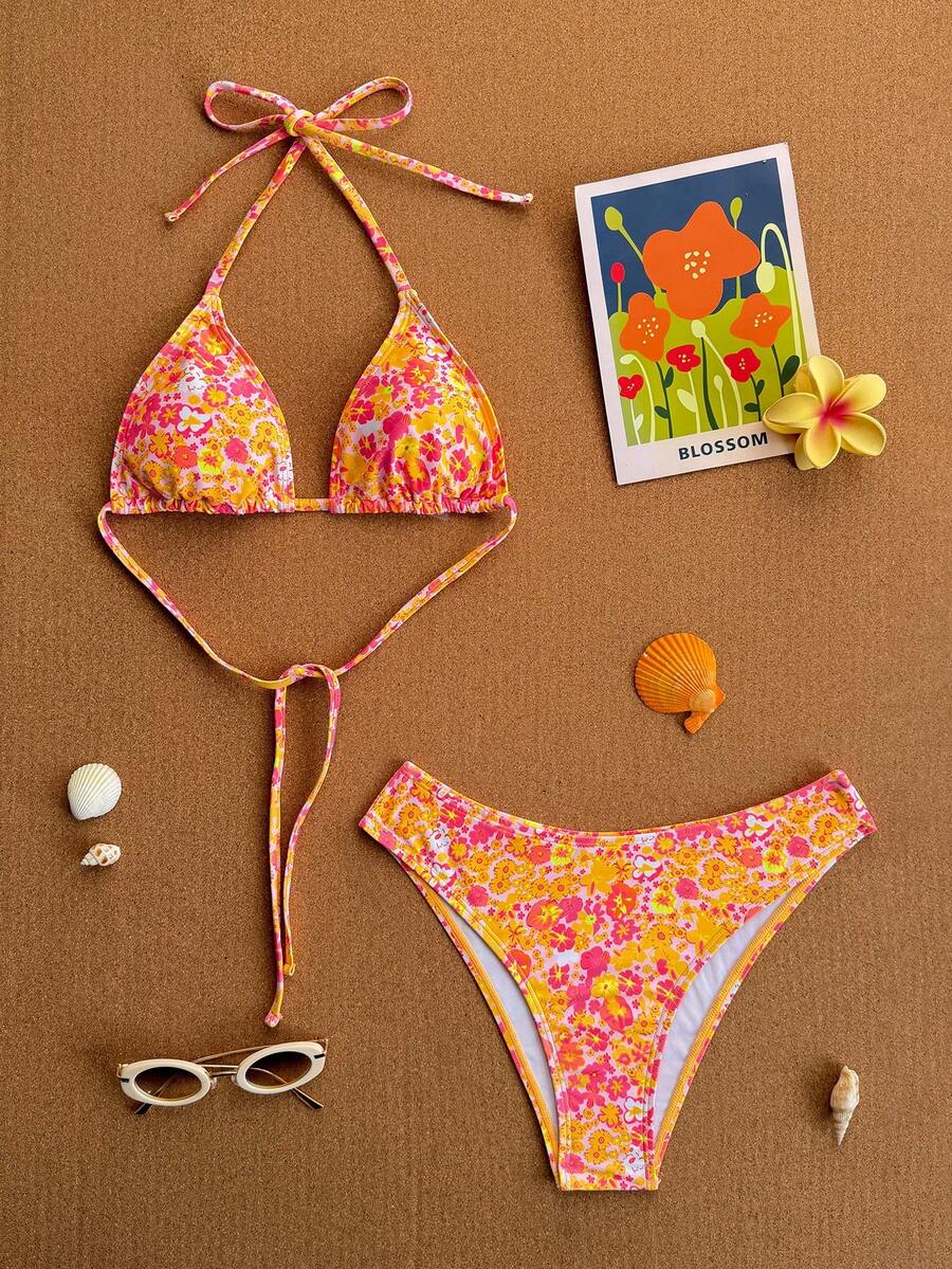 Women's apricot 2-piece halter bikini set featuring a wireless triangle top with tie-back detail and high-waisted high-cut bottoms.