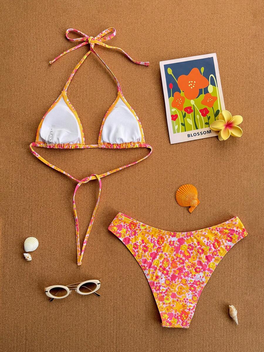 Women's apricot 2-piece halter bikini set featuring a wireless triangle top with tie-back detail and high-waisted high-cut bottoms.