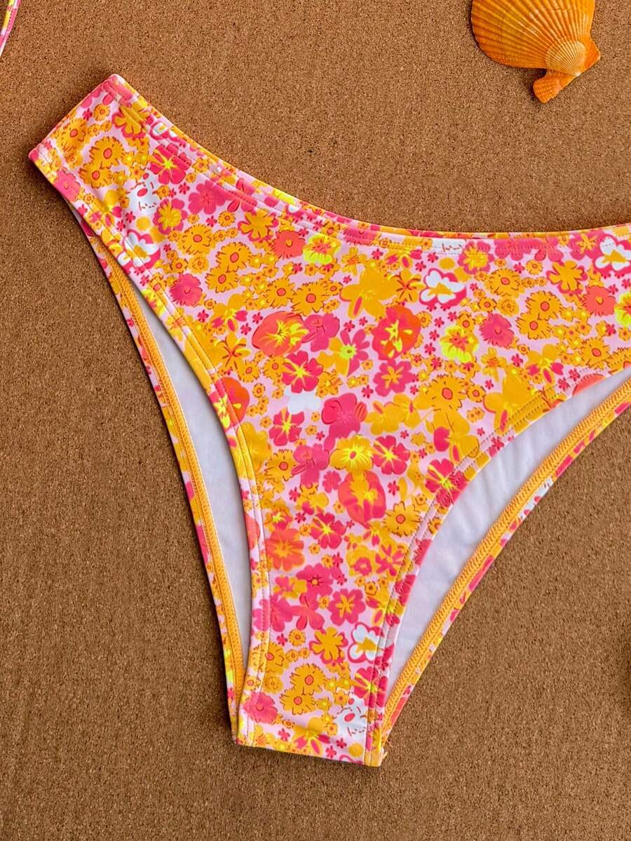 Women's apricot 2-piece halter bikini set featuring a wireless triangle top with tie-back detail and high-waisted high-cut bottoms.