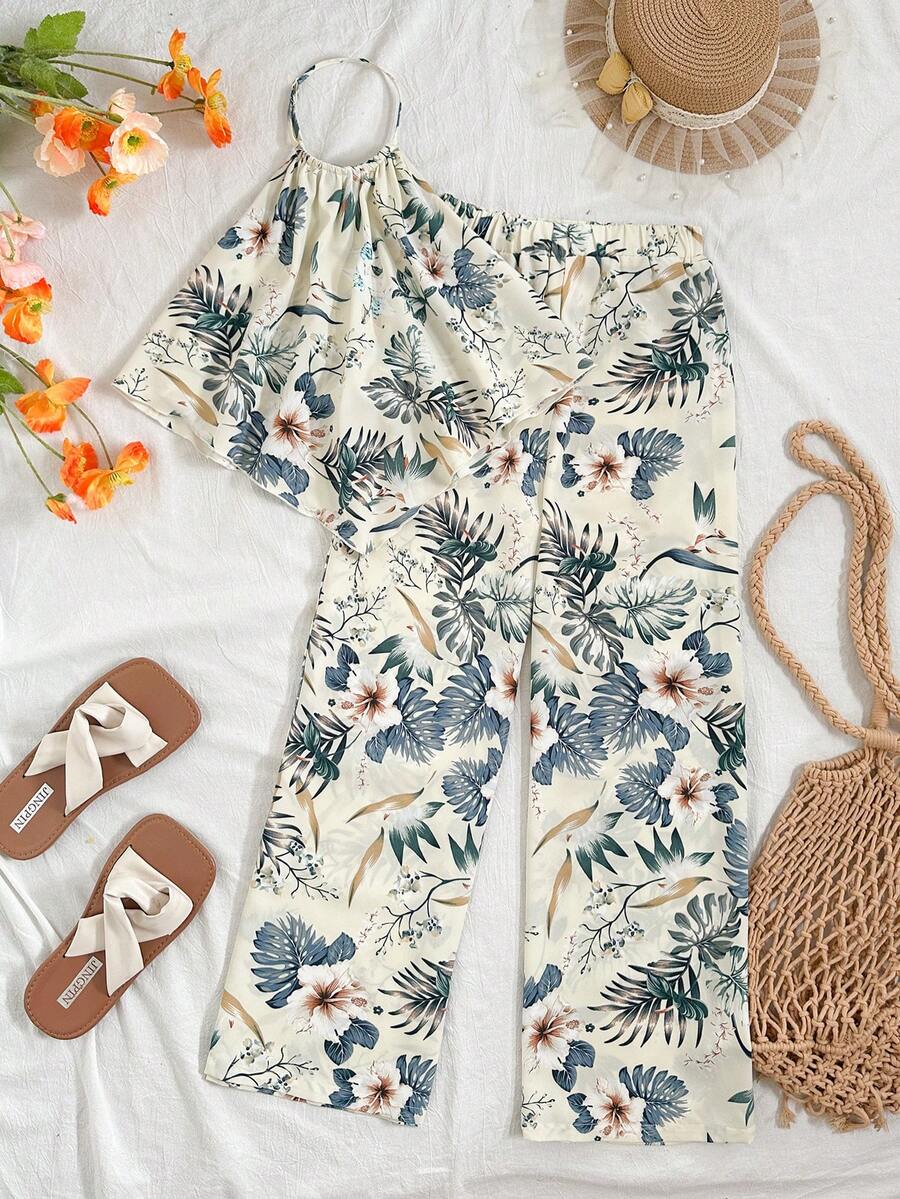 Tween girls casual apricot striped two-piece set featuring a sleeveless halter short top with curved hem and matching long pants.