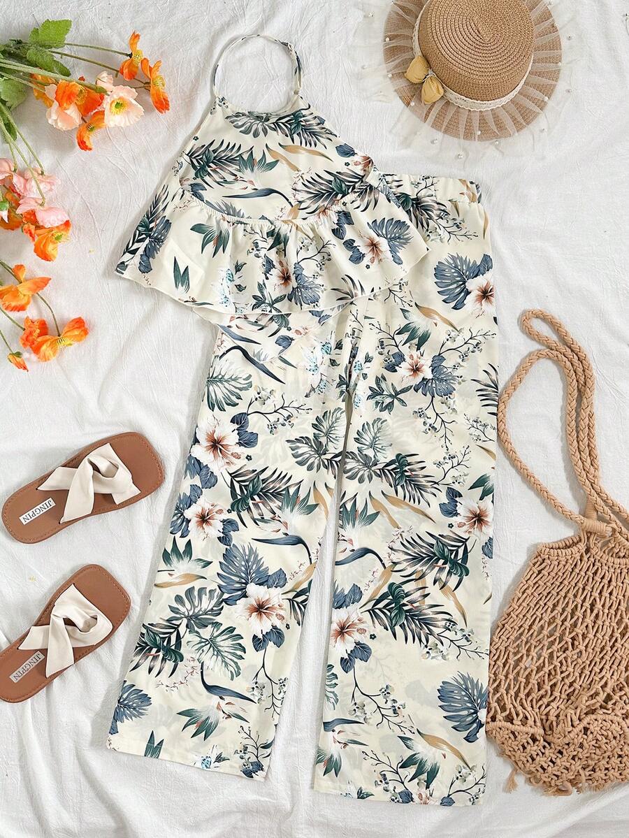 Tween girls casual apricot striped two-piece set featuring a sleeveless halter short top with curved hem and matching long pants.