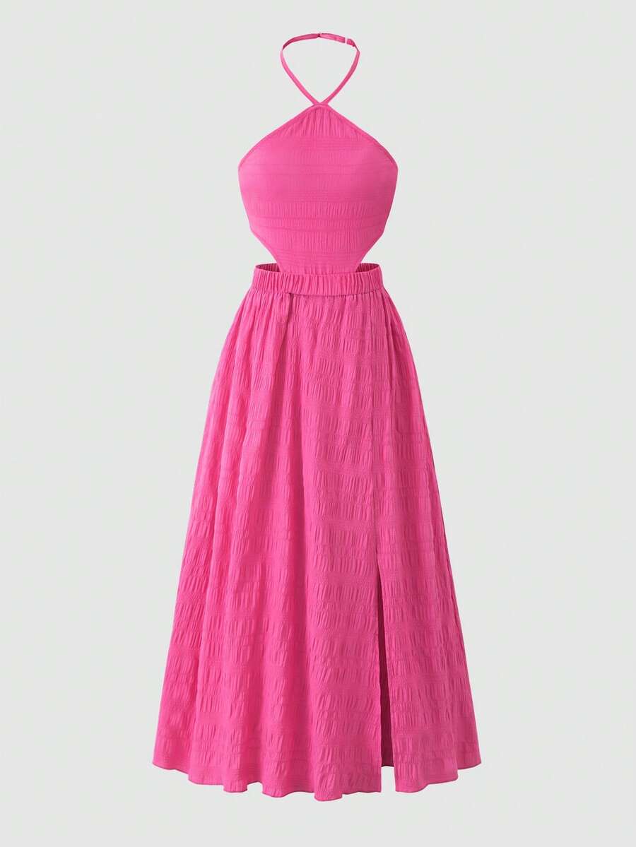 Tween girls floral halter dress with backless sleeveless design, belted high waist, shirred details, appliques, and flared A-line midi silhouette for summer vacation or graduation outfit.