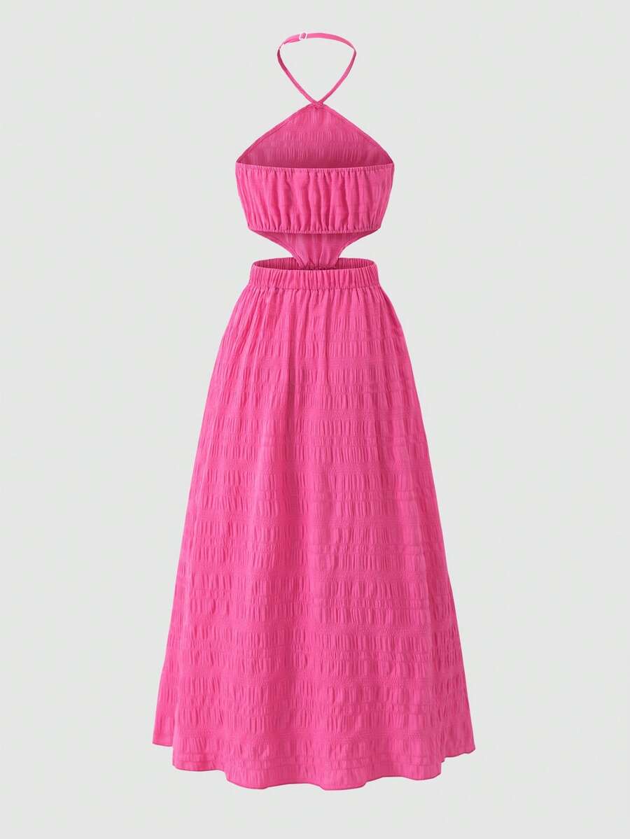 Tween girls floral halter dress with backless sleeveless design, belted high waist, shirred details, appliques, and flared A-line midi silhouette for summer vacation or graduation outfit.
