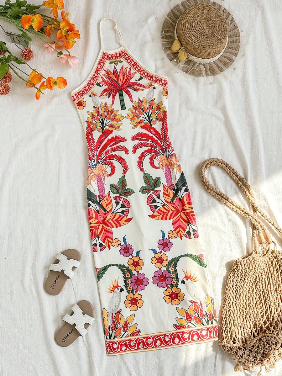 Tween girls halter dress in multicolor Christmas pattern with sleeveless cami design, split detail, slim fit, and long vacation style