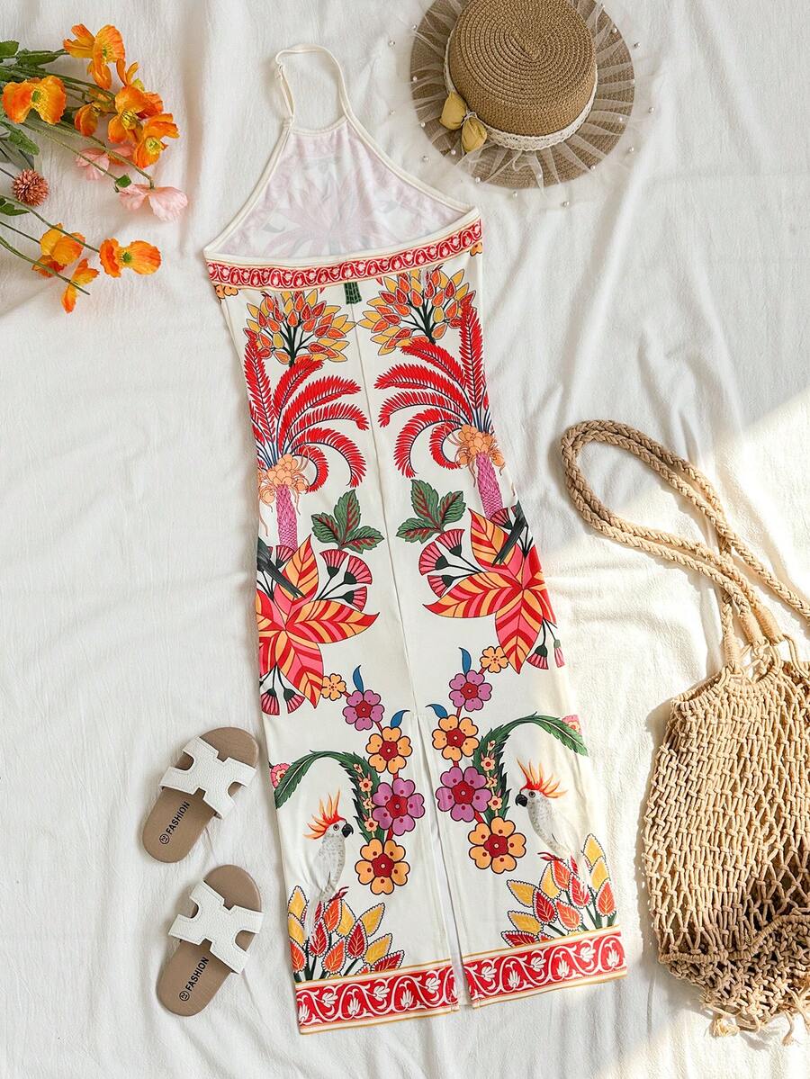 Tween girls halter dress in multicolor Christmas pattern with sleeveless cami design, split detail, slim fit, and long vacation style