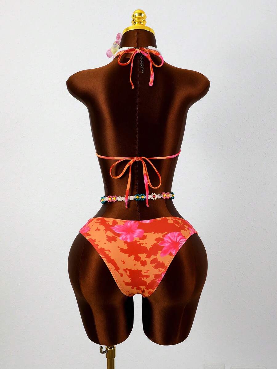 Women's apricot 2-piece halter bikini set featuring a wireless triangle top with tie-back detail and high-waisted high-cut bottoms.