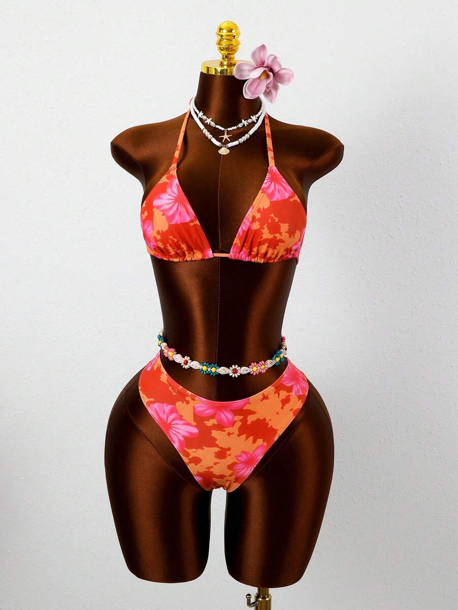 Women's apricot 2-piece halter bikini set featuring a wireless triangle top with tie-back detail and high-waisted high-cut bottoms.