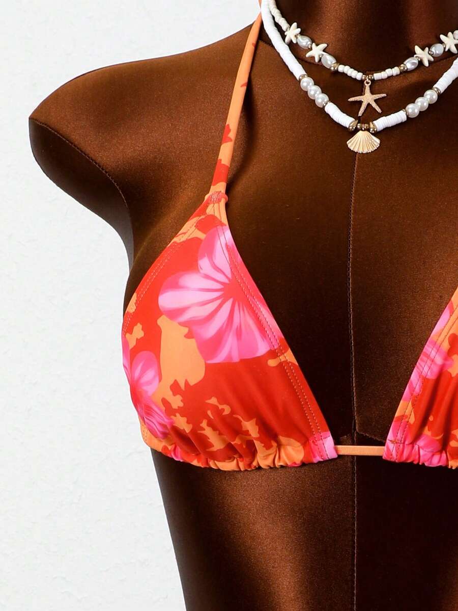 Women's apricot 2-piece halter bikini set featuring a wireless triangle top with tie-back detail and high-waisted high-cut bottoms.