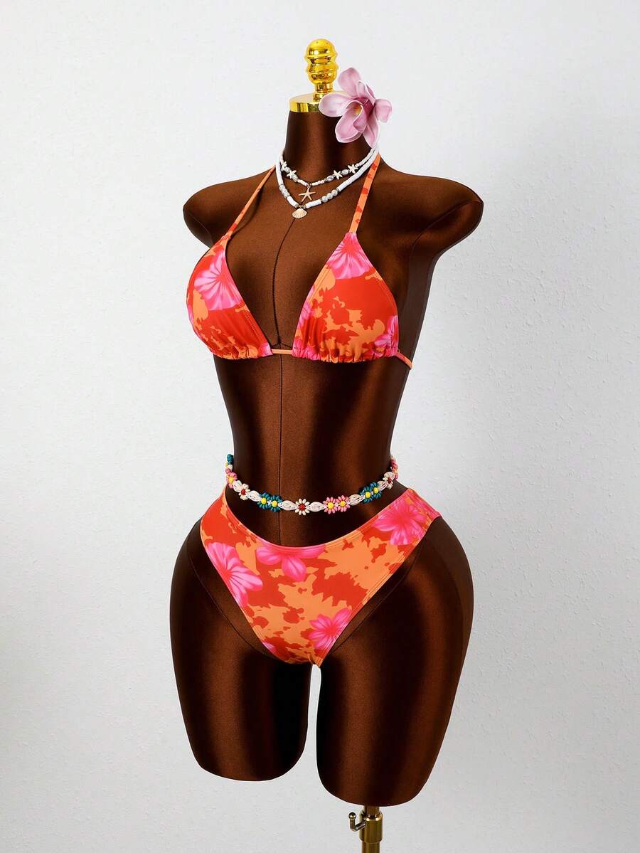Women's apricot 2-piece halter bikini set featuring a wireless triangle top with tie-back detail and high-waisted high-cut bottoms.