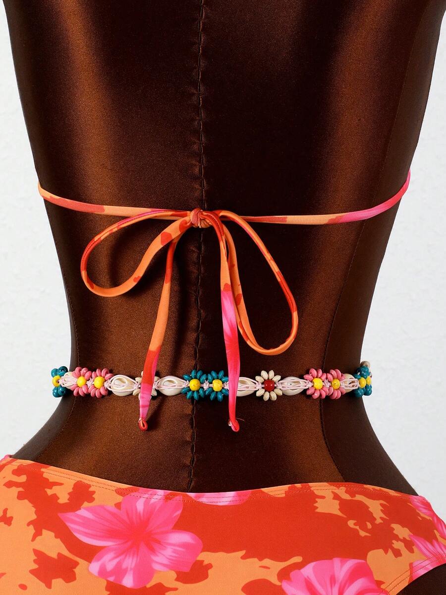 Women's apricot 2-piece halter bikini set featuring a wireless triangle top with tie-back detail and high-waisted high-cut bottoms.