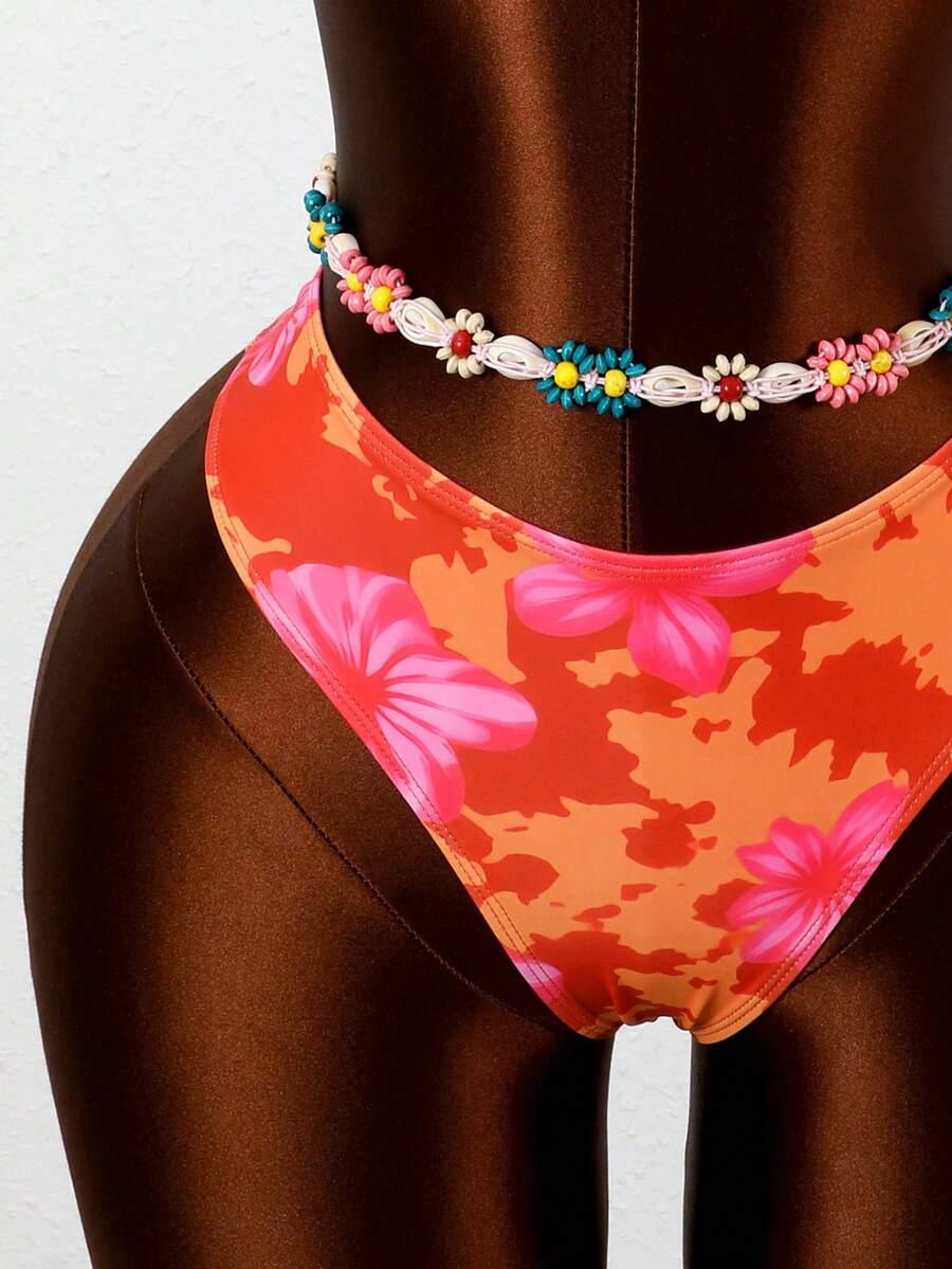Women's apricot 2-piece halter bikini set featuring a wireless triangle top with tie-back detail and high-waisted high-cut bottoms.
