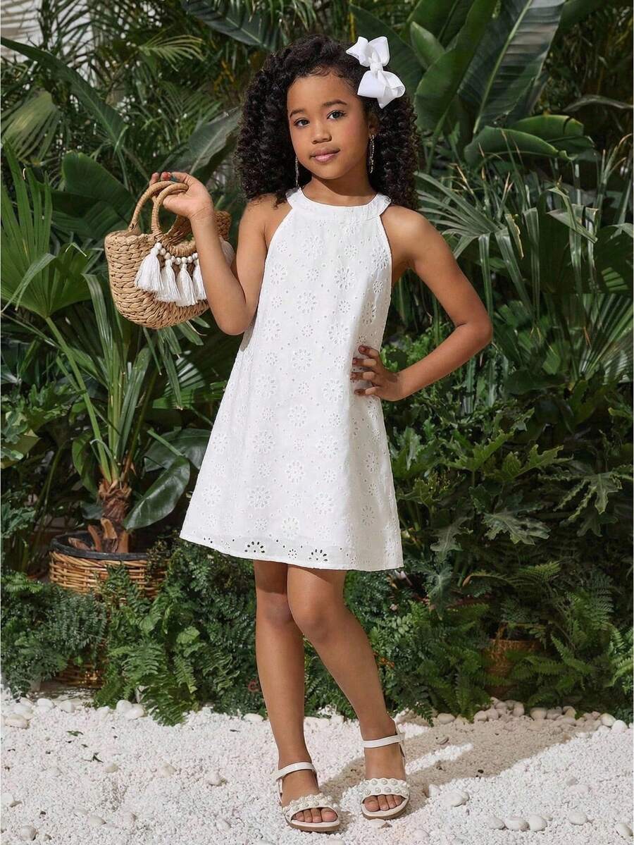 Tween girls floral halter A-line dress with contrast lace, applique and fringe details, sleeveless short length in polyester
