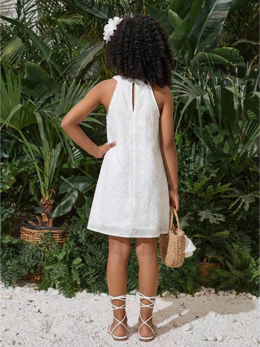 Tween girls floral halter A-line dress with contrast lace, applique and fringe details, sleeveless short length in polyester