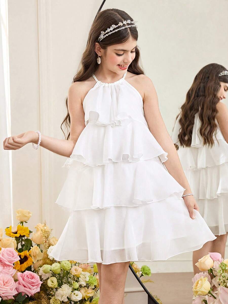 Apricot all-over floral print midi dress for tween girls featuring a sleeveless V-neckline, high waist, button details, and tiered A-line skirt.