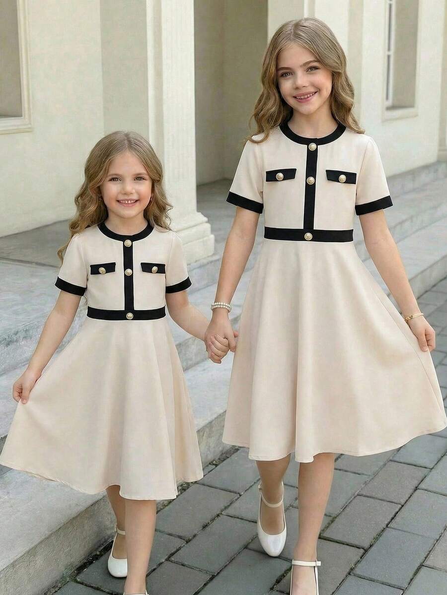 Nova Glow tween girls black and white houndstooth print short sleeve A-line dress with decorative buttons and crew neckline.