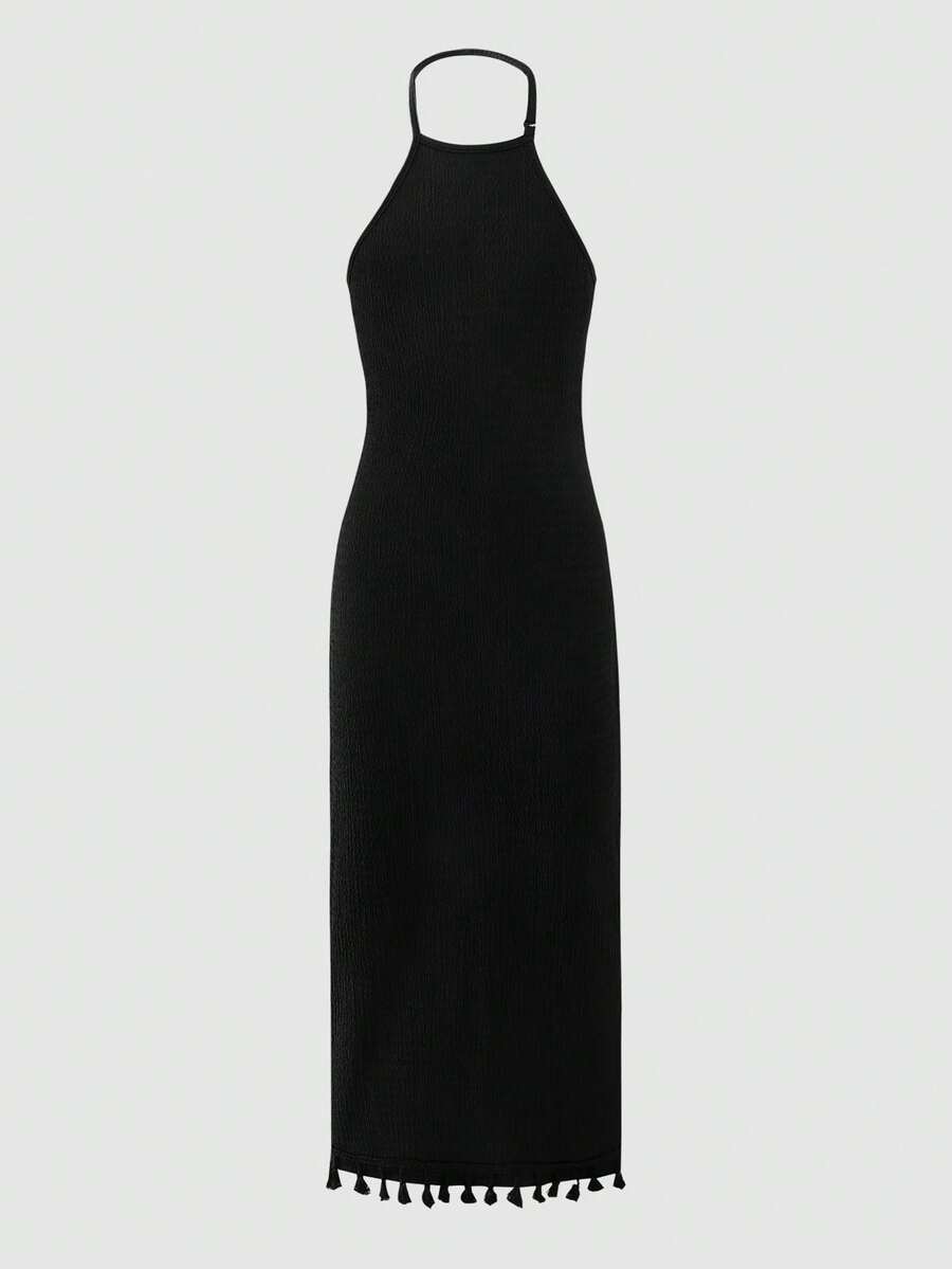 White sleeveless halter maxi dress for tween girls with slim fit, plain textured fabric, natural waist, pencil hem, and side split for summer daily wear and vacation outfits.