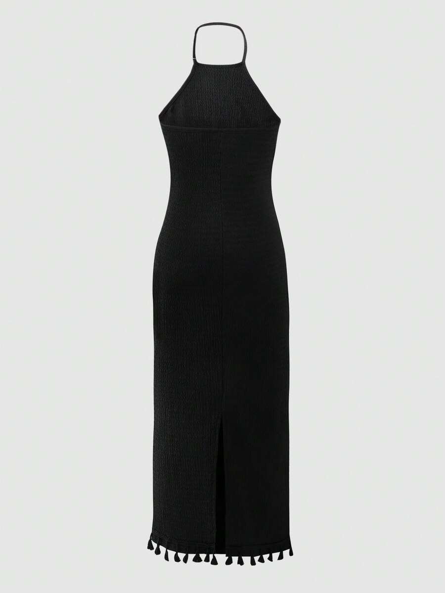 White sleeveless halter maxi dress for tween girls with slim fit, plain textured fabric, natural waist, pencil hem, and side split for summer daily wear and vacation outfits.