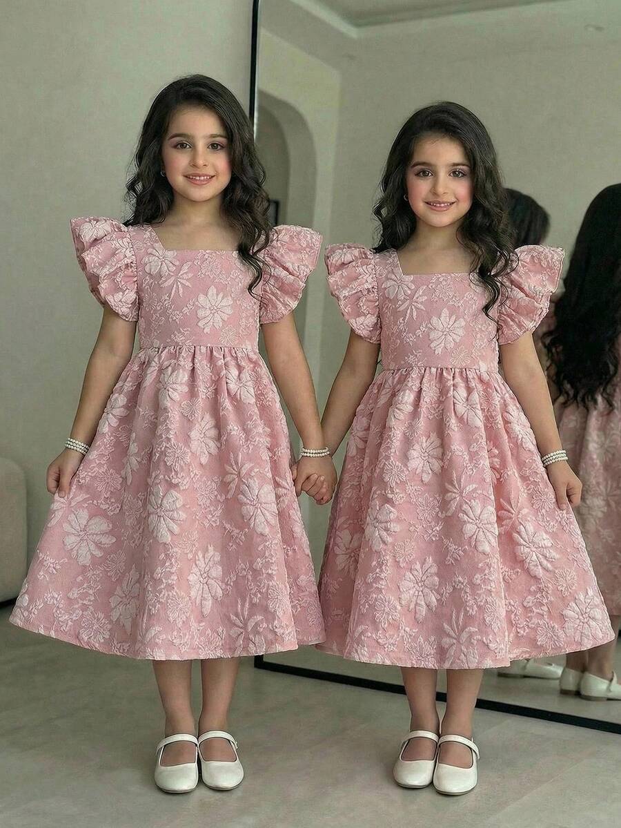 Tween girl pink floral A-line dress featuring square neck, flounce short sleeves, high waist, and flared ruffle hem.