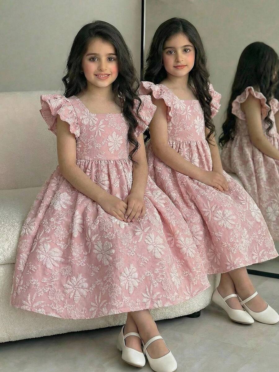 Tween girl pink floral A-line dress featuring square neck, flounce short sleeves, high waist, and flared ruffle hem.