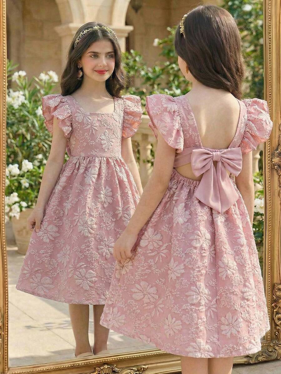 Tween girl pink floral A-line dress featuring square neck, flounce short sleeves, high waist, and flared ruffle hem.