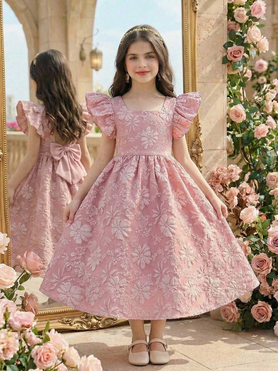 Tween girl pink floral A-line dress featuring square neck, flounce short sleeves, high waist, and flared ruffle hem.