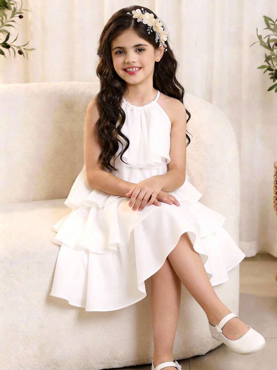 Apricot all-over floral print midi dress for tween girls featuring a sleeveless V-neckline, high waist, button details, and tiered A-line skirt.