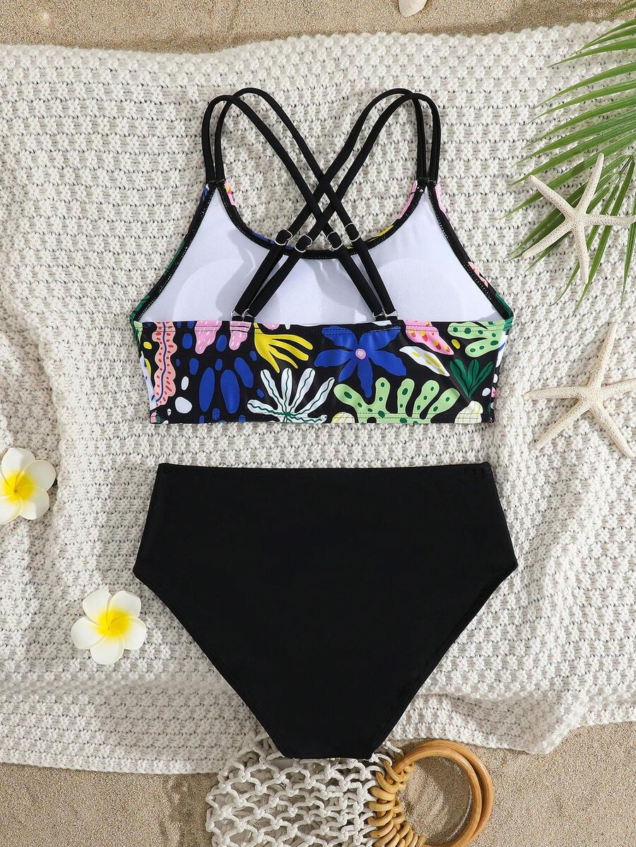Tween Girls Bikini Sets Orange Summer Modest Activewear Beach Holiday,Knitted Ribbed Two Pieces Swimwear Crisscross Back Tank Top With Briefs Set
