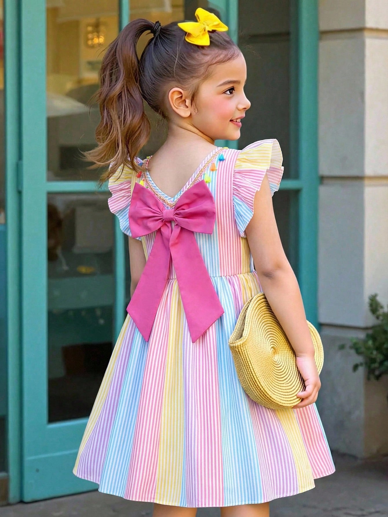 Tween girls blue short smock dress featuring flounce short sleeves, high waist flared hem, round neck, and front bow detail.
