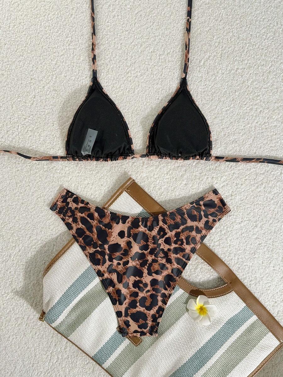 Women's apricot 2-piece halter bikini set featuring a wireless triangle top with tie-back detail and high-waisted high-cut bottoms.