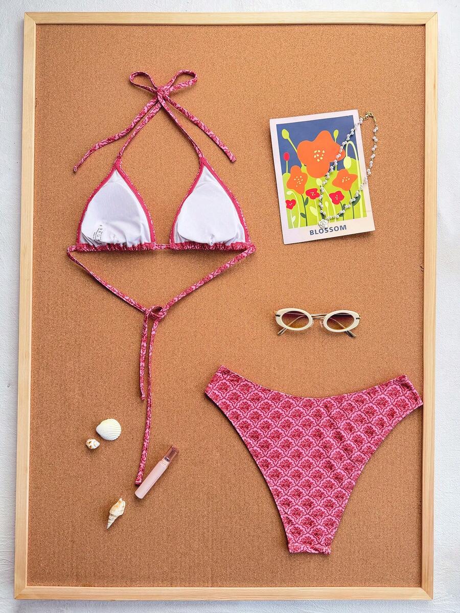 Women's apricot 2-piece halter bikini set featuring a wireless triangle top with tie-back detail and high-waisted high-cut bottoms.