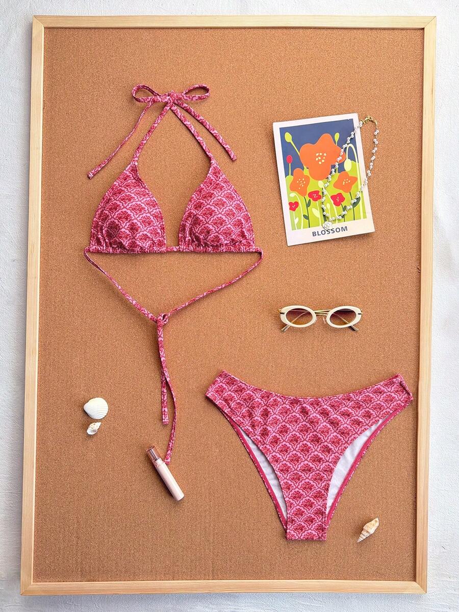 Women's apricot 2-piece halter bikini set featuring a wireless triangle top with tie-back detail and high-waisted high-cut bottoms.