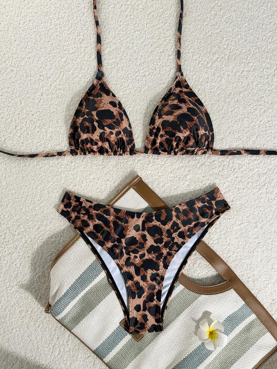 Women's apricot 2-piece halter bikini set featuring a wireless triangle top with tie-back detail and high-waisted high-cut bottoms.