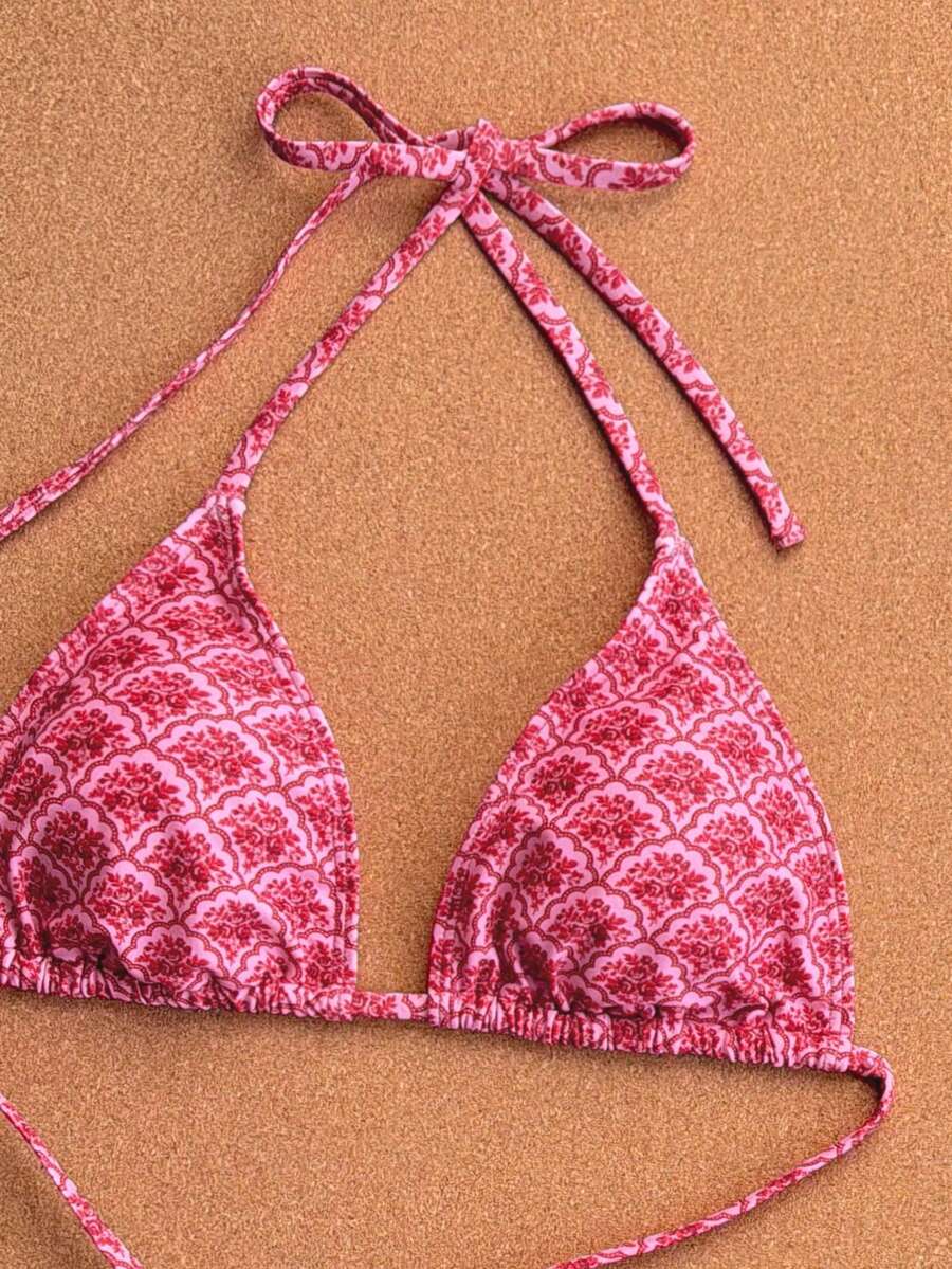 Women's apricot 2-piece halter bikini set featuring a wireless triangle top with tie-back detail and high-waisted high-cut bottoms.