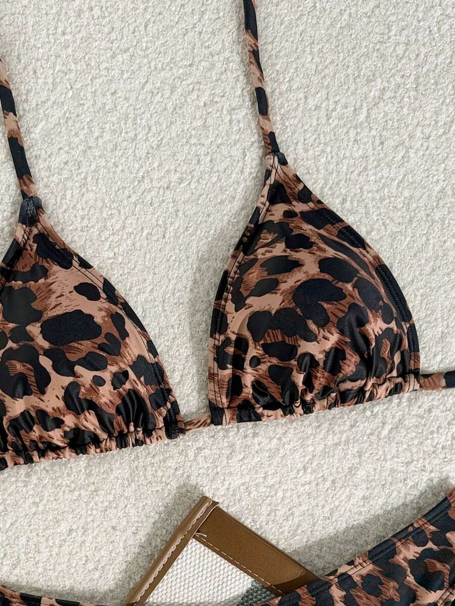 Women's apricot 2-piece halter bikini set featuring a wireless triangle top with tie-back detail and high-waisted high-cut bottoms.
