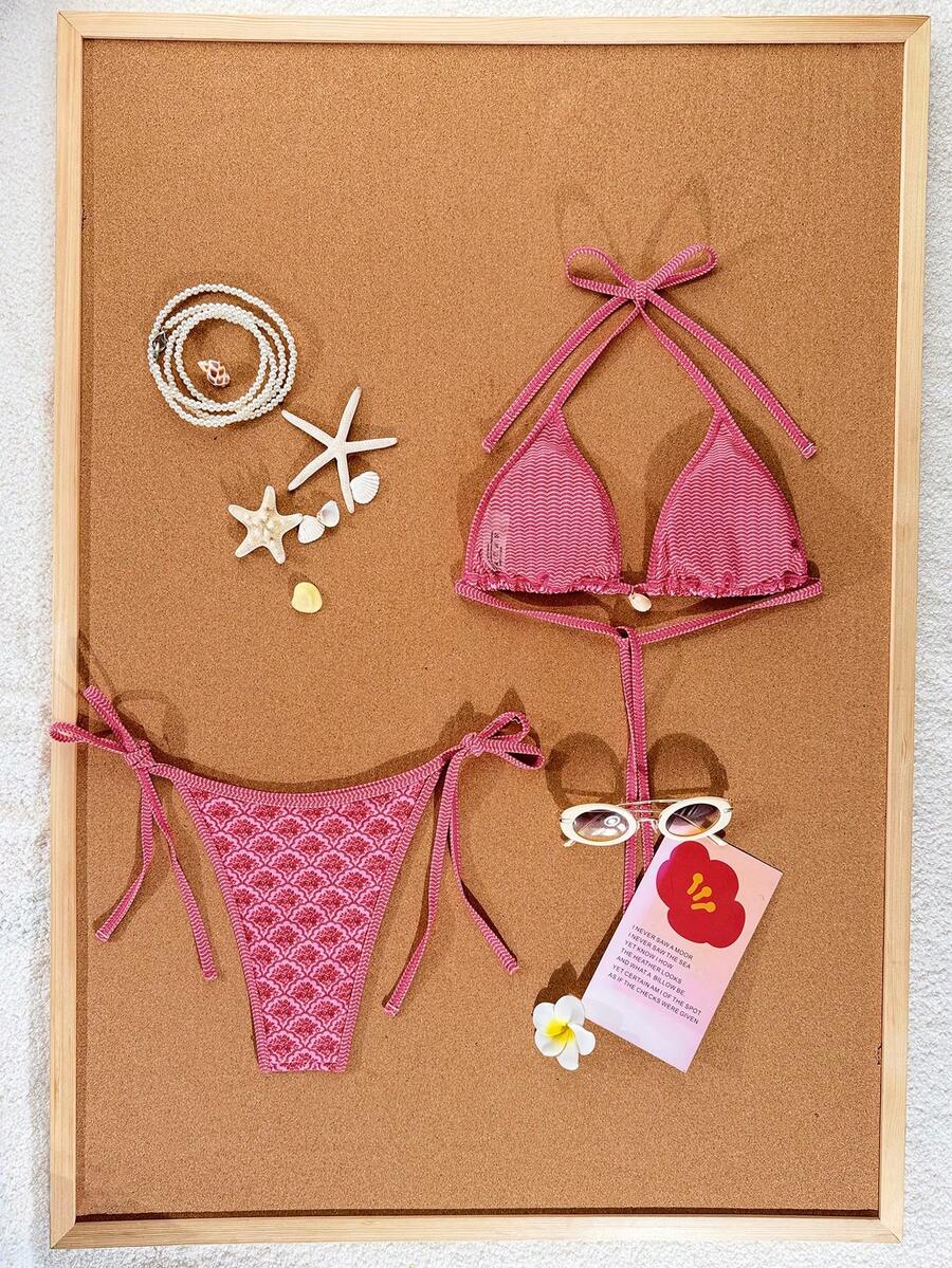 Apricot 2-piece bikini swimwear set featuring a textured halter triangle cup top with knot details and matching tie-side bottoms for women.