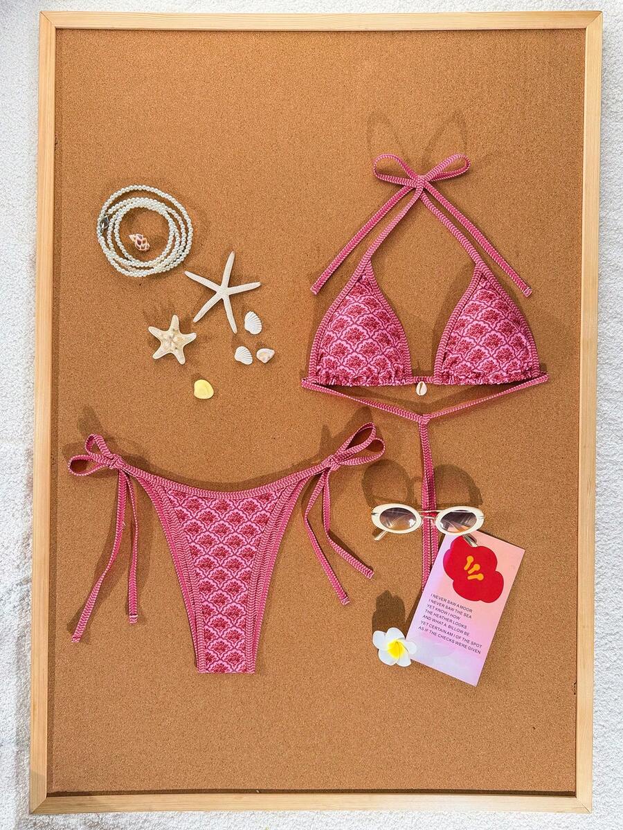 Apricot 2-piece bikini swimwear set featuring a textured halter triangle cup top with knot details and matching tie-side bottoms for women.