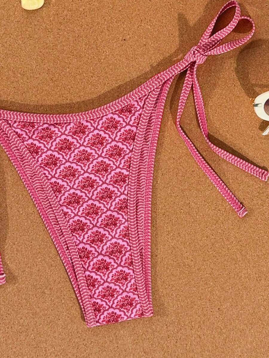 Apricot 2-piece bikini swimwear set featuring a textured halter triangle cup top with knot details and matching tie-side bottoms for women.