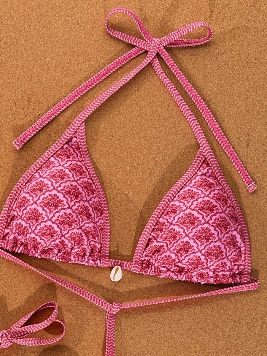 Apricot 2-piece bikini swimwear set featuring a textured halter triangle cup top with knot details and matching tie-side bottoms for women.