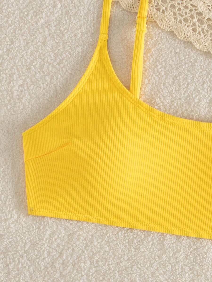 Apricot ribbed high waist two piece bikini swimsuit set for women featuring backless spaghetti strap top and high waisted bottoms.