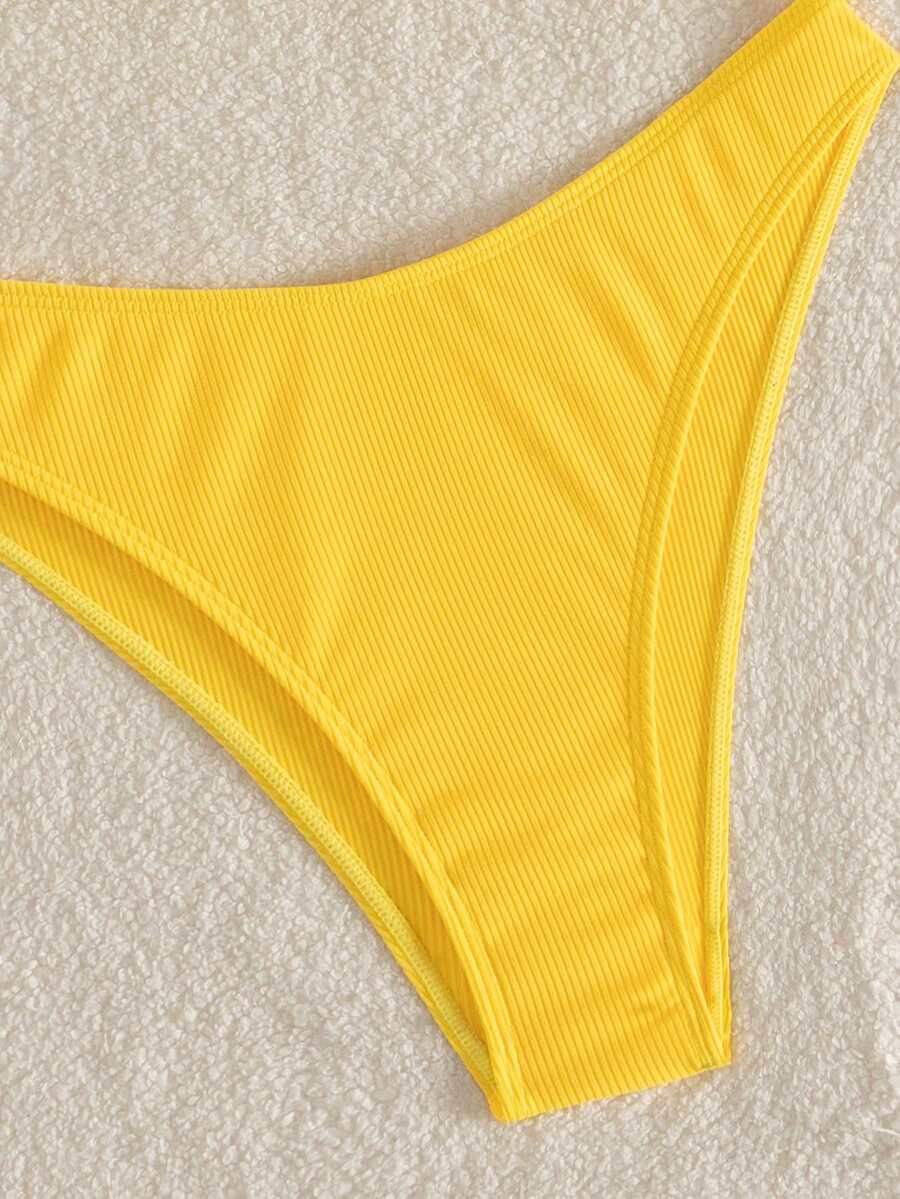 Apricot ribbed high waist two piece bikini swimsuit set for women featuring backless spaghetti strap top and high waisted bottoms.