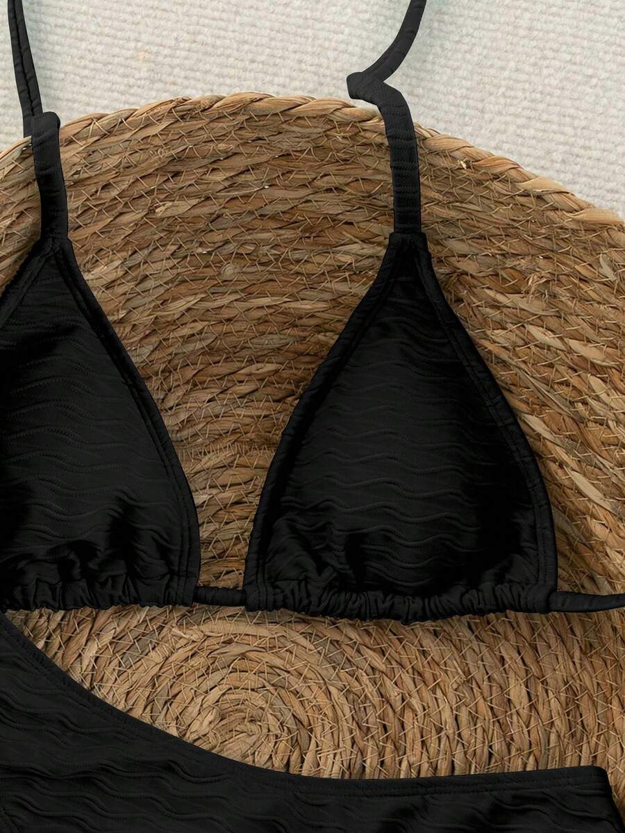 Women's apricot 2-piece halter bikini set featuring a wireless triangle top with tie-back detail and high-waisted high-cut bottoms.