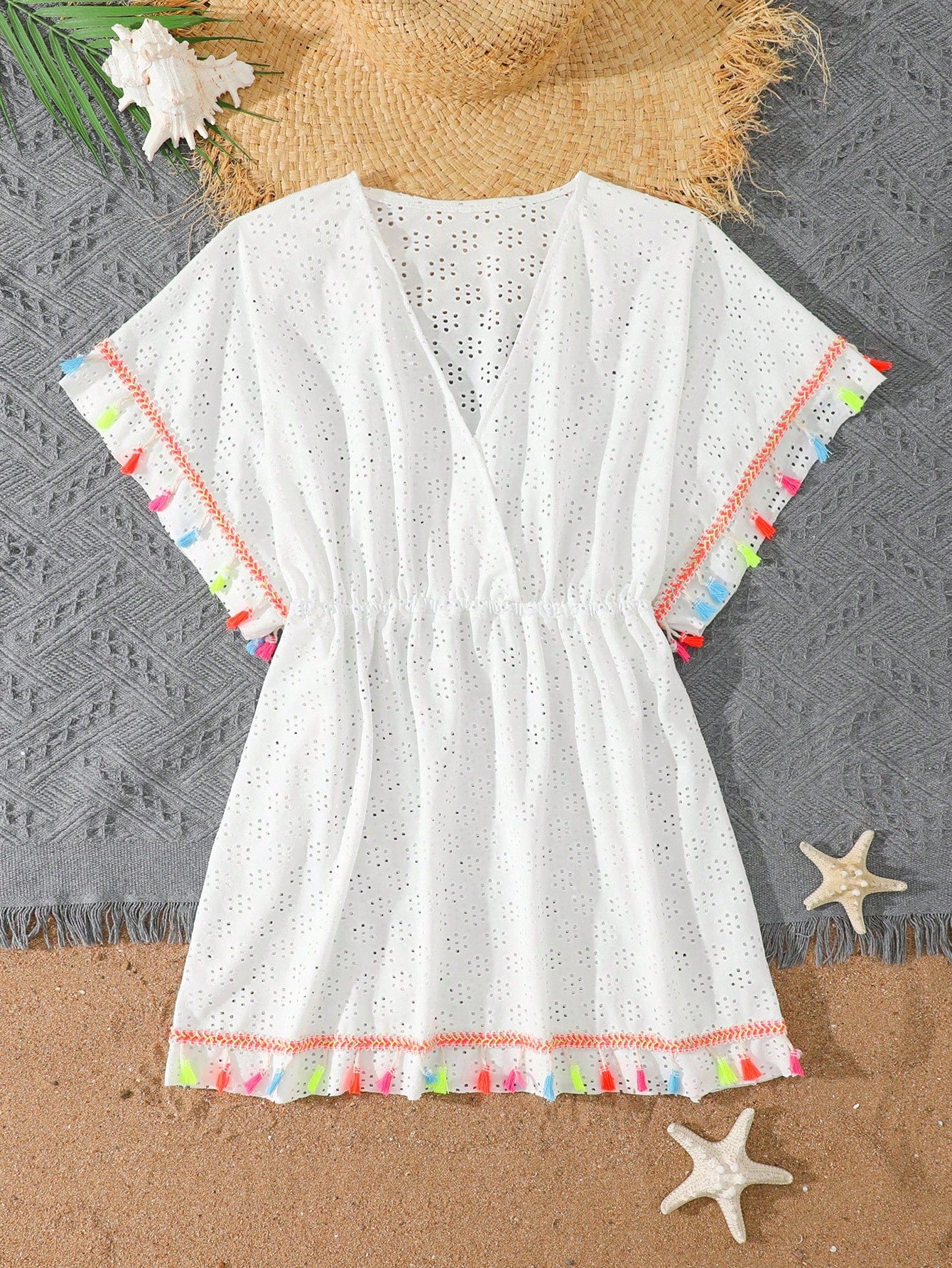 Tween girls apricot sleeveless knit mesh swimwear cover up with V-neck and hollow-out pattern