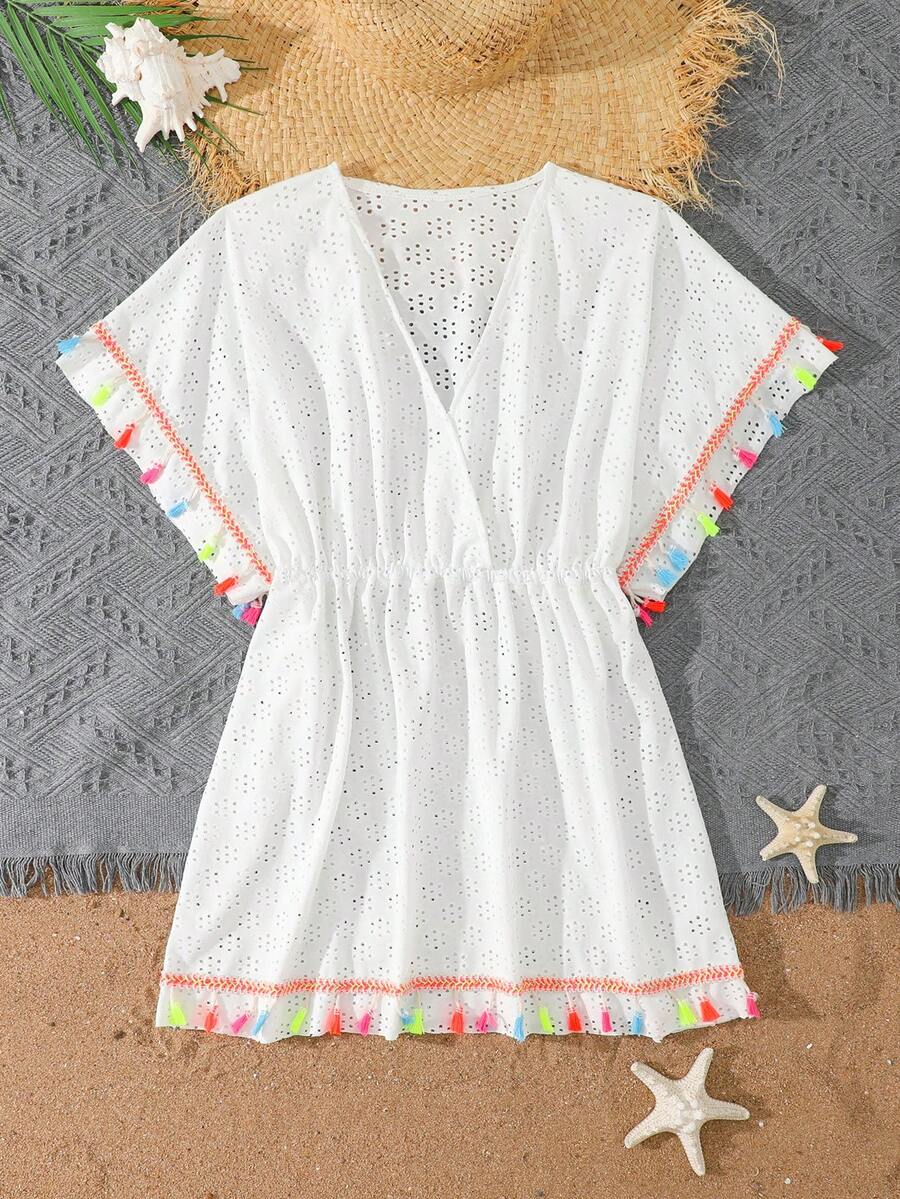 Tween girls apricot sleeveless knit mesh swimwear cover up with V-neck and hollow-out pattern