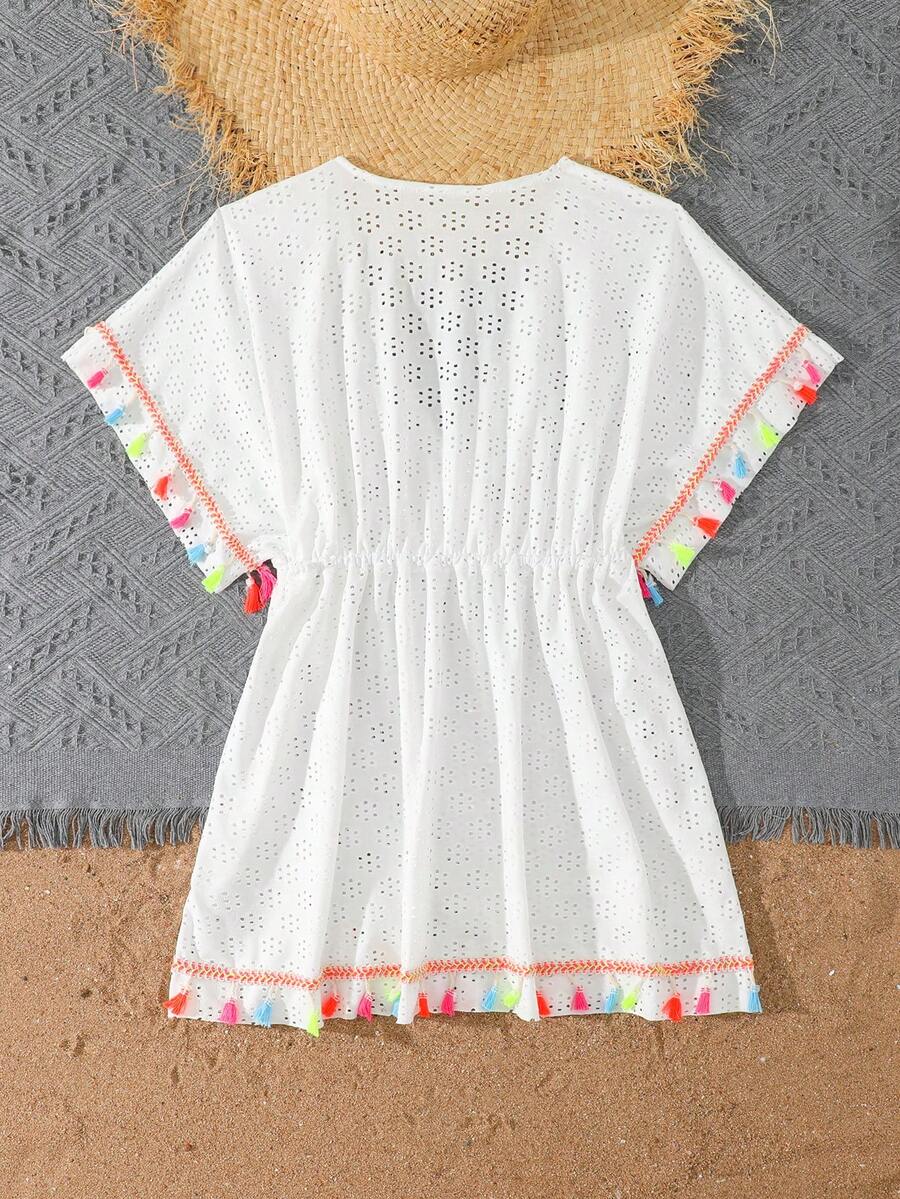 Tween girls apricot sleeveless knit mesh swimwear cover up with V-neck and hollow-out pattern