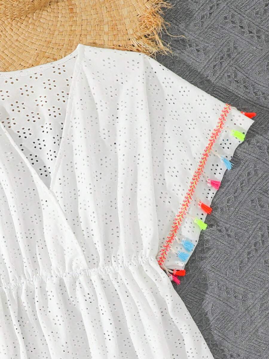 Tween girls apricot sleeveless knit mesh swimwear cover up with V-neck and hollow-out pattern